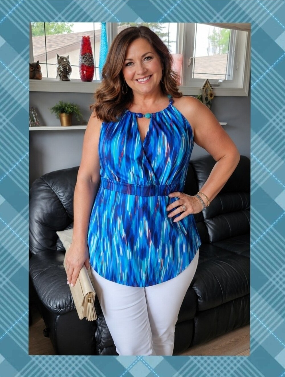 Addition Elle  Blue Abstract Halter Blouse Beaded Neckline Size XL